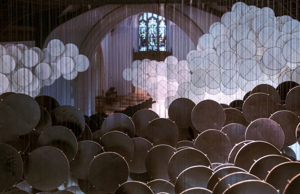 Jacob Hashimoto creates a paper cloud in a chapel on Governors Island