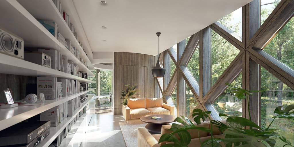 Interior visualisation of unbuilt treehouse home with planning permission hits the market in Ewes, Gloucestershire