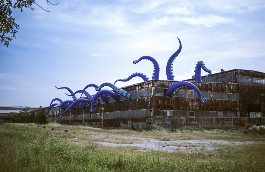 An inflatable sea monster invades a Philadelphia warehouse
