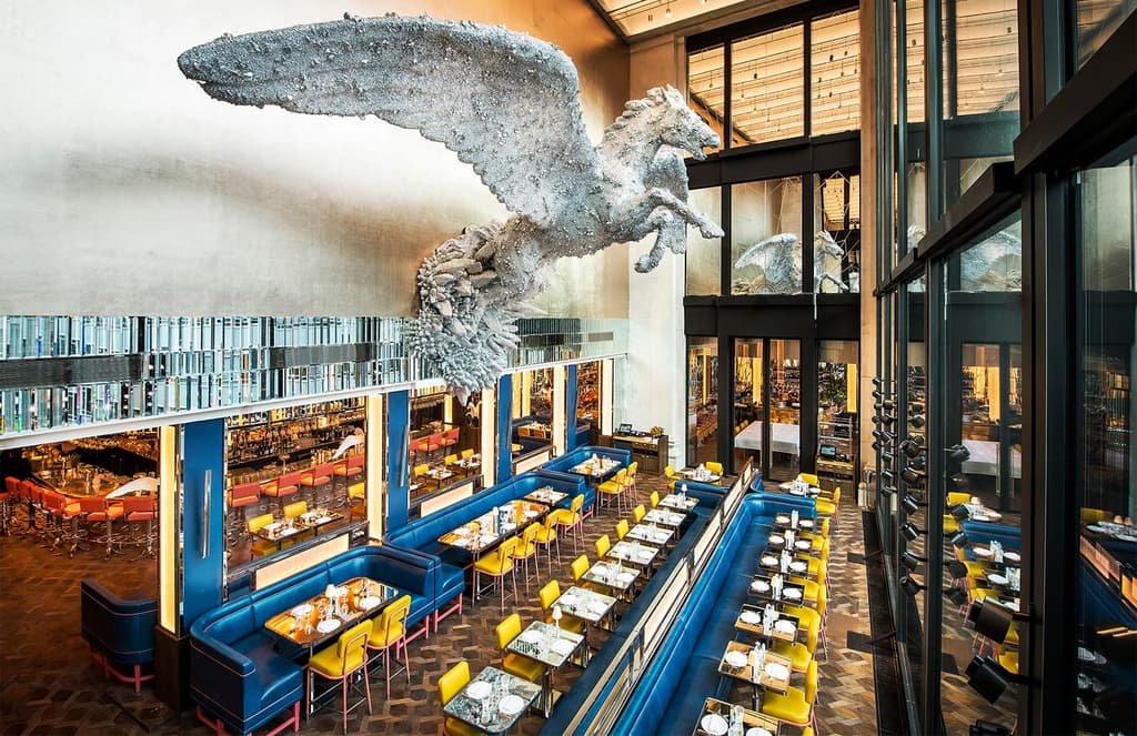 Selfridges’ Brasserie of Light features a 24-ft-tall flying horse by Damien Hirst
