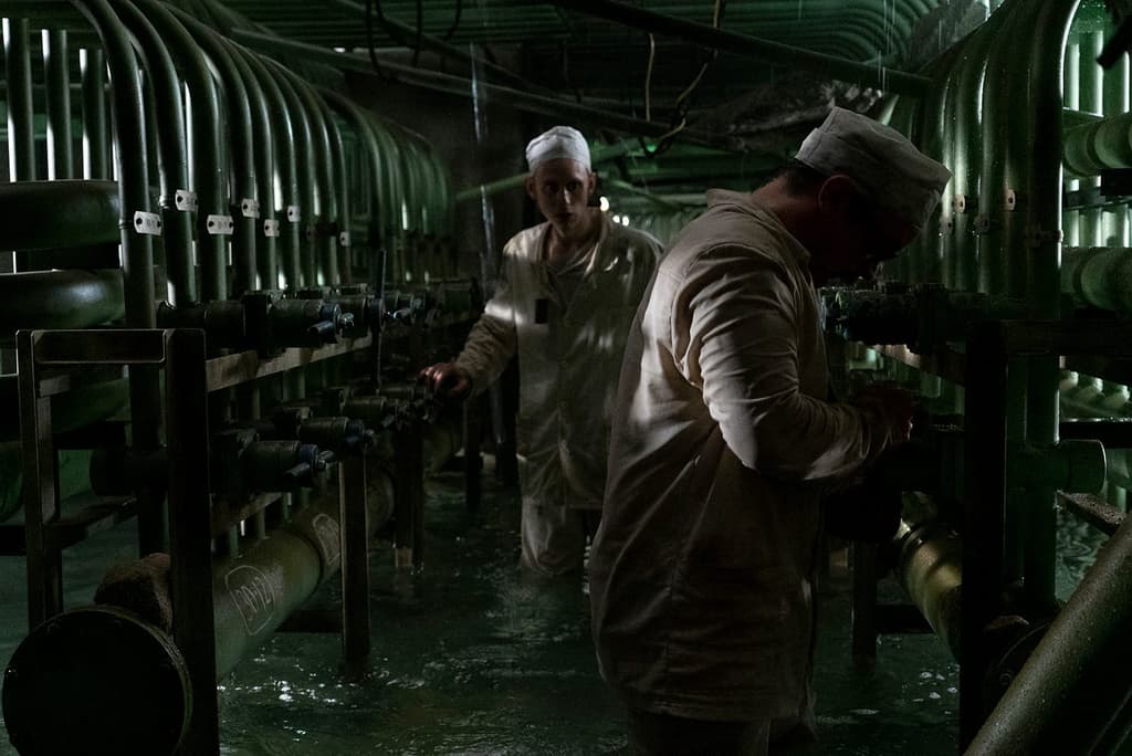 Power plant workers investigate the initial explosion