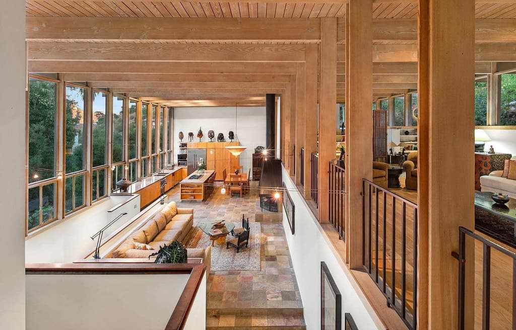 Midcentury Hollywood Hills home lists with two-storey living room