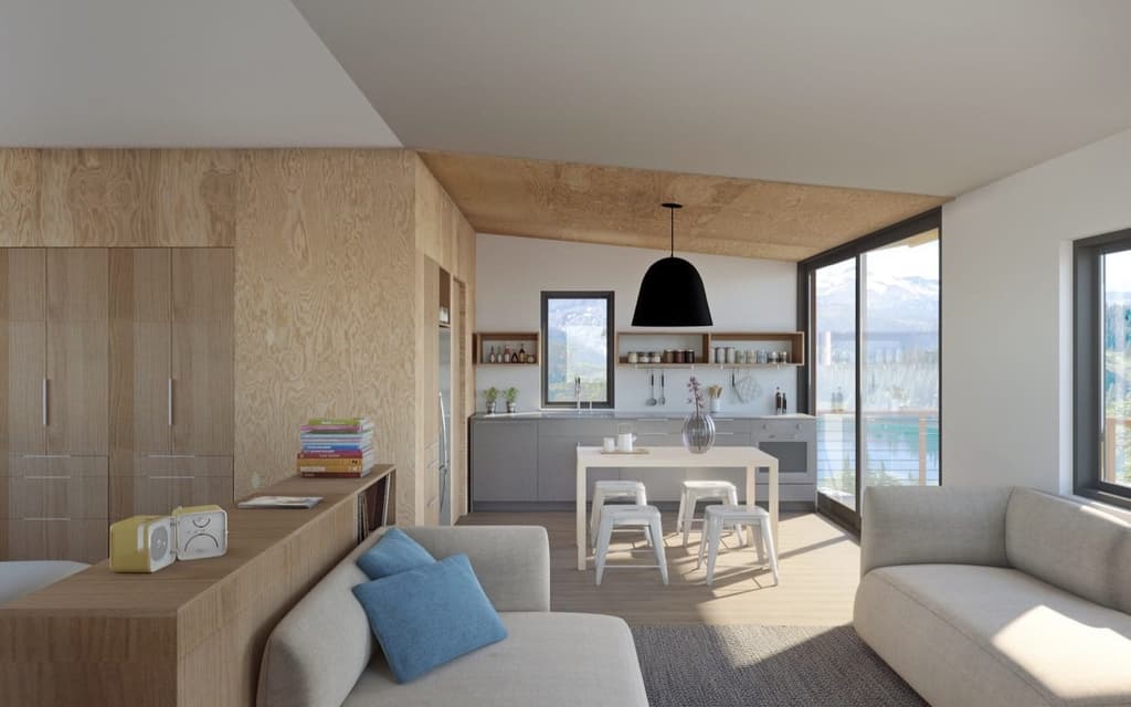 A render showing the interior of the X2 lightHouse tinyhome auxiliary dwelling unit
