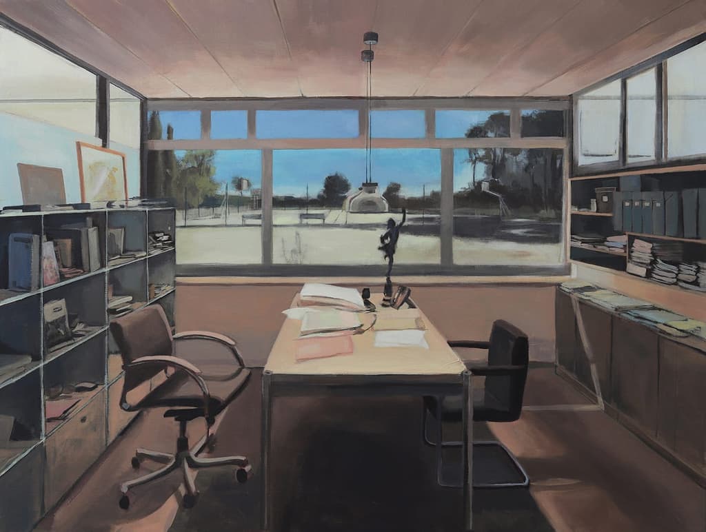 Goddess of fortune by Bea Sarrais. Acrylic and collage on canvas. An office within the headquarters of the design company Santa & Cole, by Manuel Baldrich, designed in 1964-1968 in Belloch (Barcelona).
