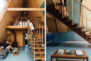 Far Meadow High Sierra compound for sale: shot of the A-frame cabin's interiors showing the floating staircase and living room