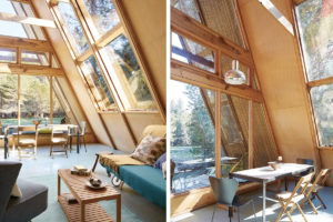 Far Meadow High Sierra compound for sale: shot of the A-frame cabin's interiors showing the living room with glass facade and a wooden deck