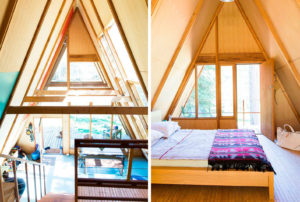 Far Meadow High Sierra compound for sale: shot of the A-frame cabin's interiors with an elevated sleeping loft