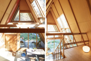 Far Meadow High Sierra compound for sale: shot of the A-frame cabin's interiors, including the mezzanine level sleeping loft