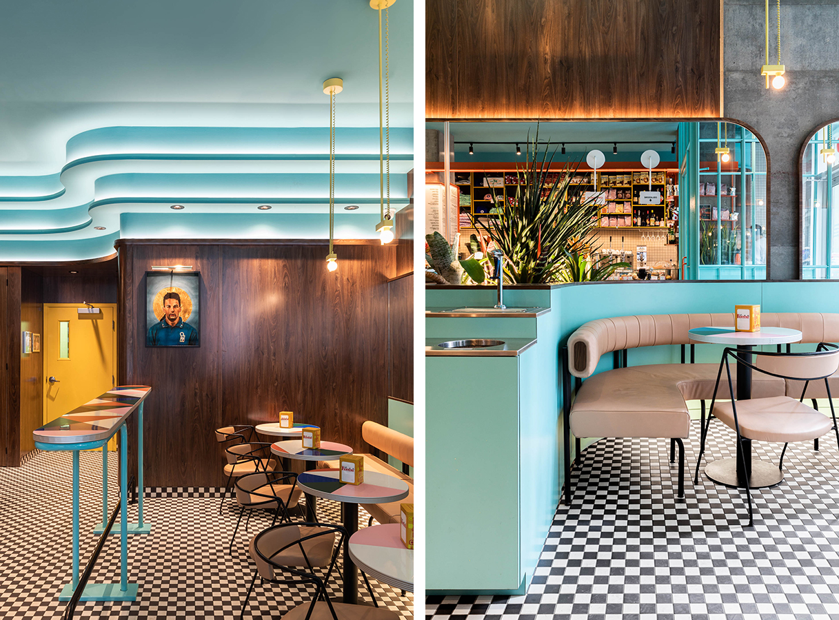 Interiors of Montreal's Caffettiera Caffé Bar are inspired by the 1990s