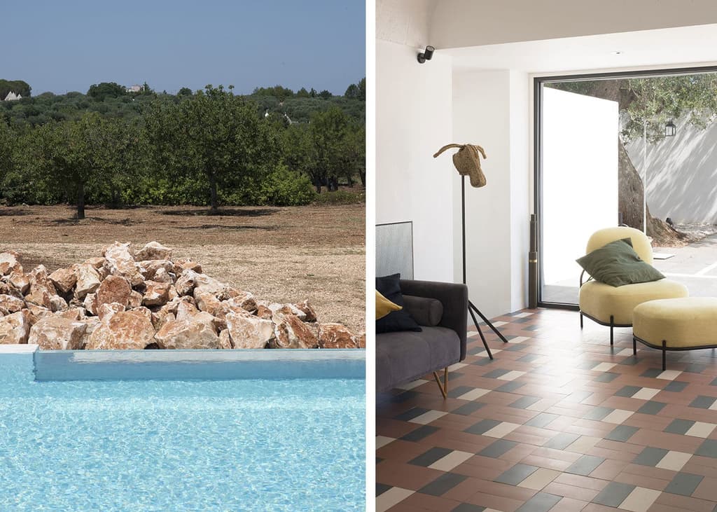 Local stone juxtaposes concrete in the pool, while the house's interiors are furnished with modernist furniture and porcelain floor tiles