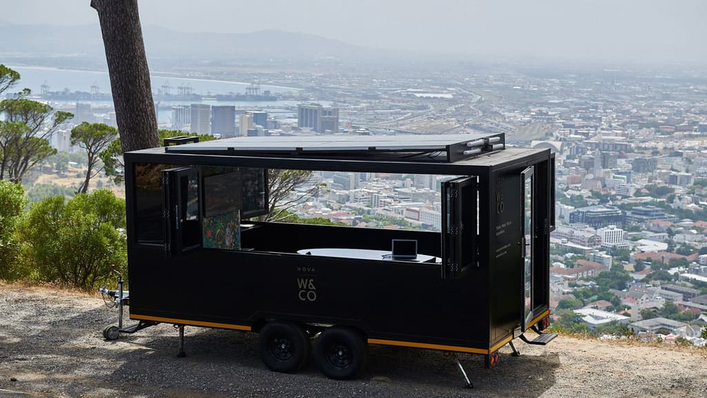 Nova nomadic coworking pod in South Africa. It can be hitched to the back of a truck and towed wherever there are roads, with solar power providing electricity to power laptops