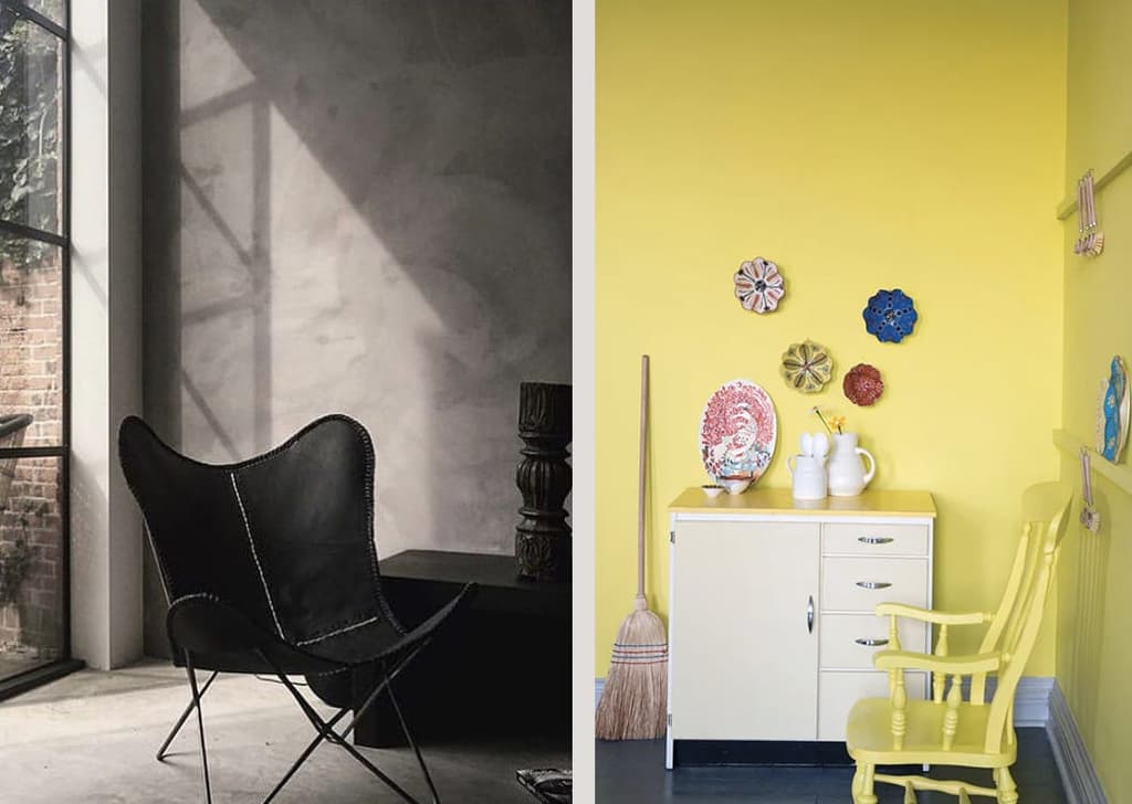 Left to right: Milkweed limewash paint (c) Bauwerk and Yellowcake (c) Farrow & Ball