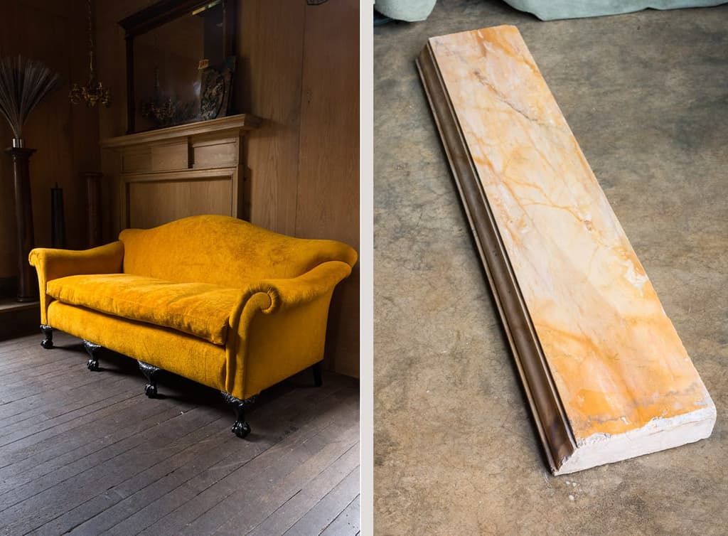Sienna marble shelves and a Georgian style sofa