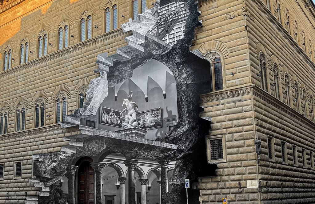JR liberates the gallery of Florence’s Palazzo Strozzi with giant 3D street installation