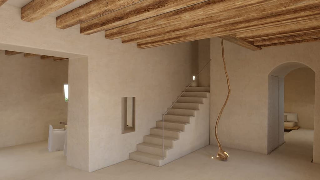 Wheat-coloured plaster is used while beams have been left exposed