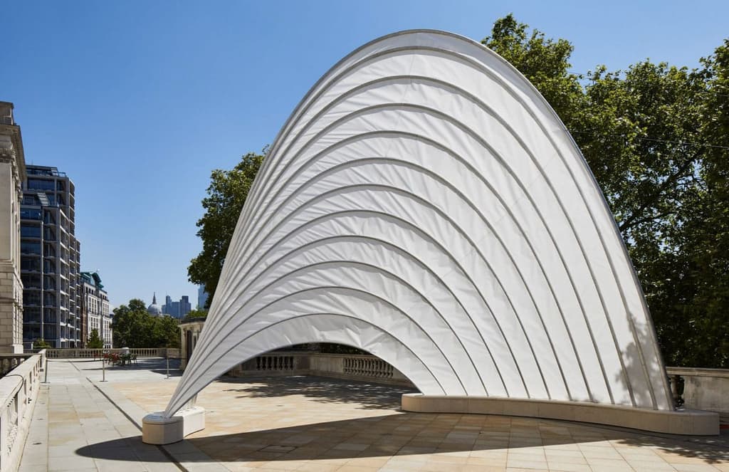 Ini Archibong has unveiled his sail-like pavilion at London’s Design Biennale
