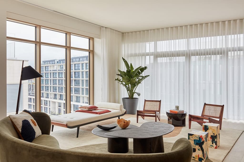 The freshly unveiled 2,200 sq ft apartment occupies the 10th floor of the Squire & Partners-designed building, part of the third and final stage of construction at the central London neighbourhood.
