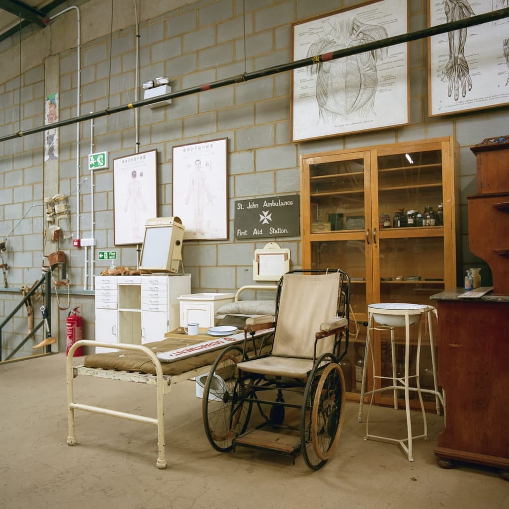 The English Patient: within the prop houses, there are mini diaramas set up like this one from a WW1 field hospital, complete with metal framed bed and wheelchair