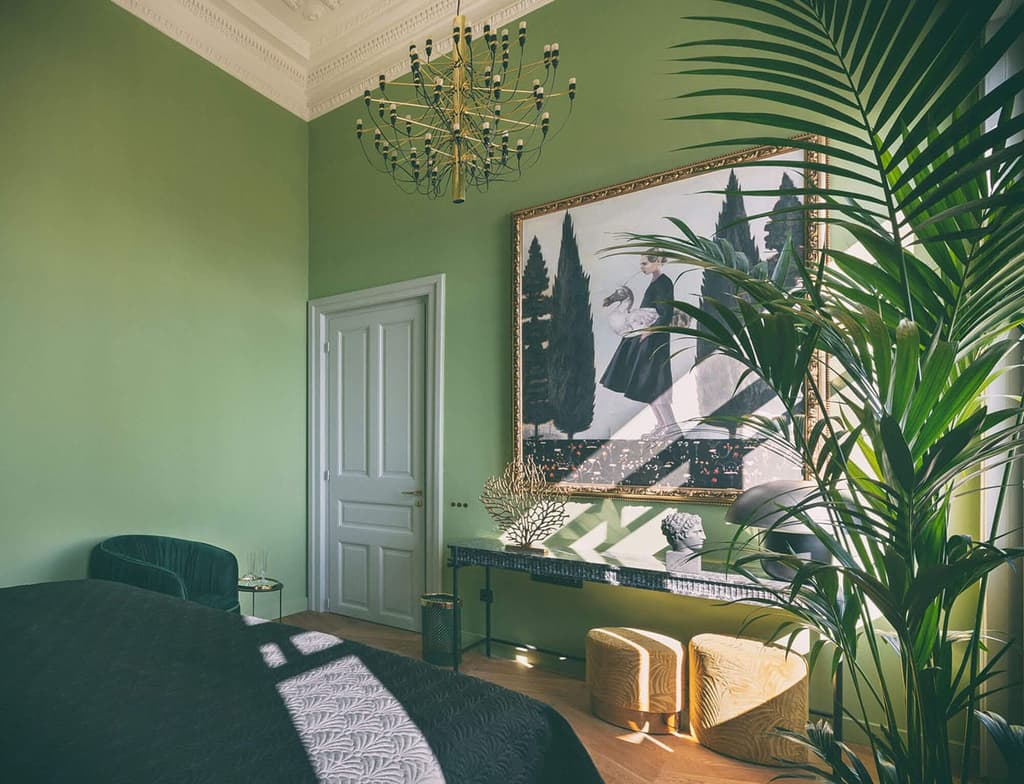 A colourful green bedroom suite at the Aristide Hotel, Syros