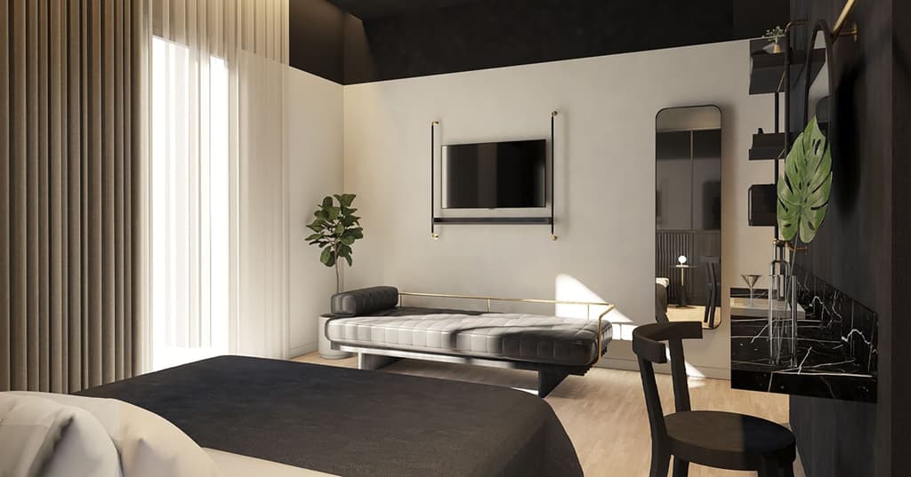 A bedroom suite inside The Modernist, Athens