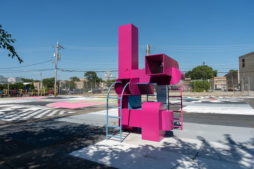 Block Party - a colourful take on playground architecture combines mail box shaped structures, rectangular volumes and ladders