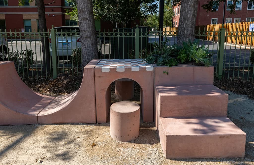 The Garden Table – a terrazo and concrete installation that uses arches and voids to create a furniture frame