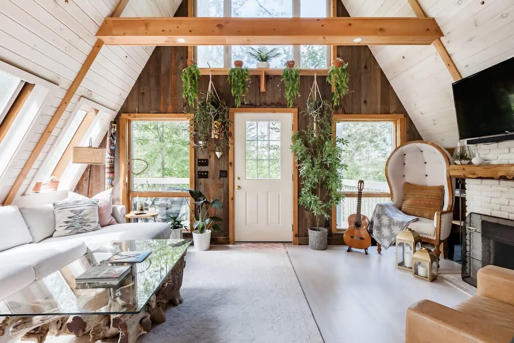 A frame cabin for rent with vintage 1970s vibes