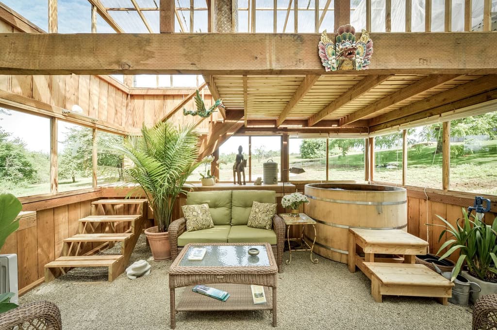 A Silverton cabin for rent in Oregon with serene, Asian botanically themed interiors