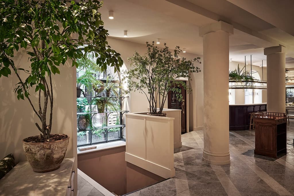 Orange trees inject colour into the serene space. The arched windows also feature shelving for potted plants