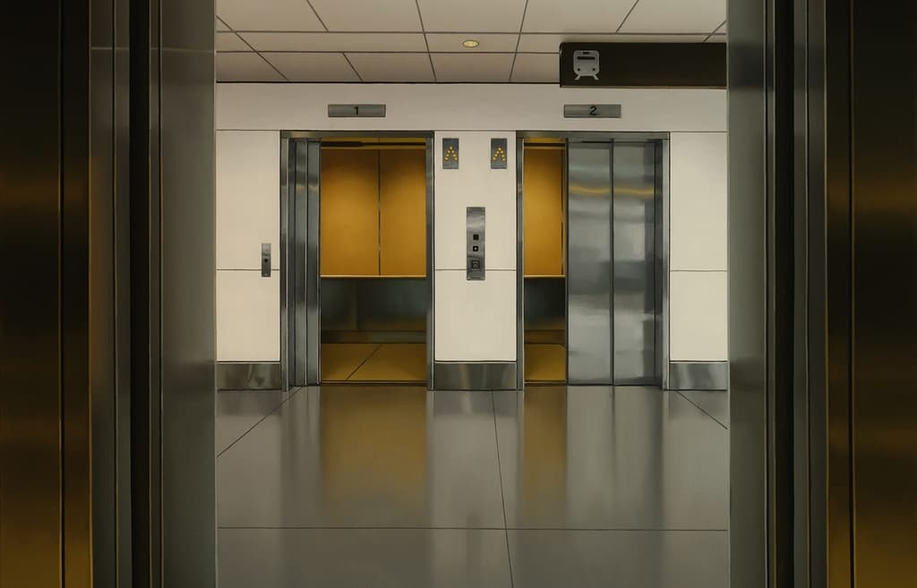 Elevators and escalators star in Peter Harris’s paintings of in-between spaces