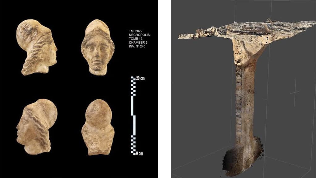 Left: a bust of Cleopatra. Right: A stone column that supports the 6-ft-high tunnel