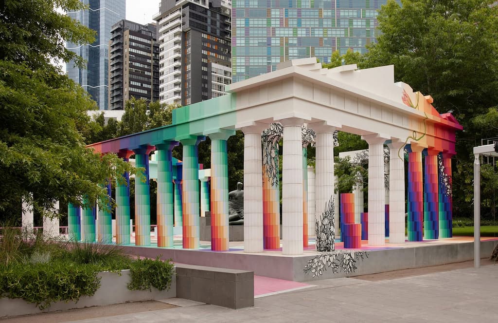 A technicolour temple rises in the gardens of the National Gallery of Victoria