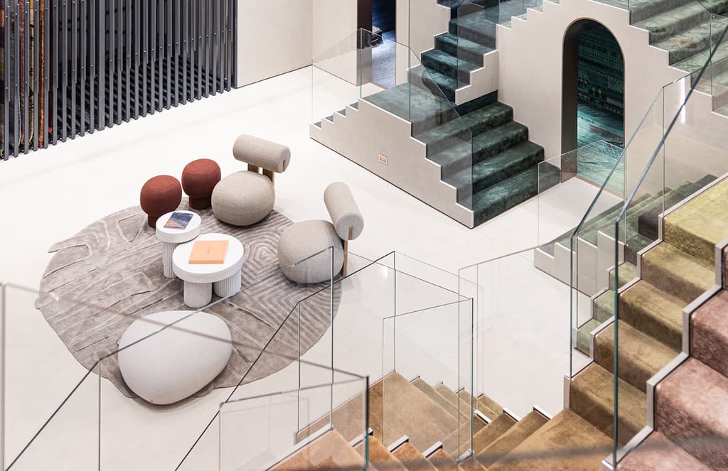 Jaipur's iconic step wells are reinterpreted in this Dubai rug showroom