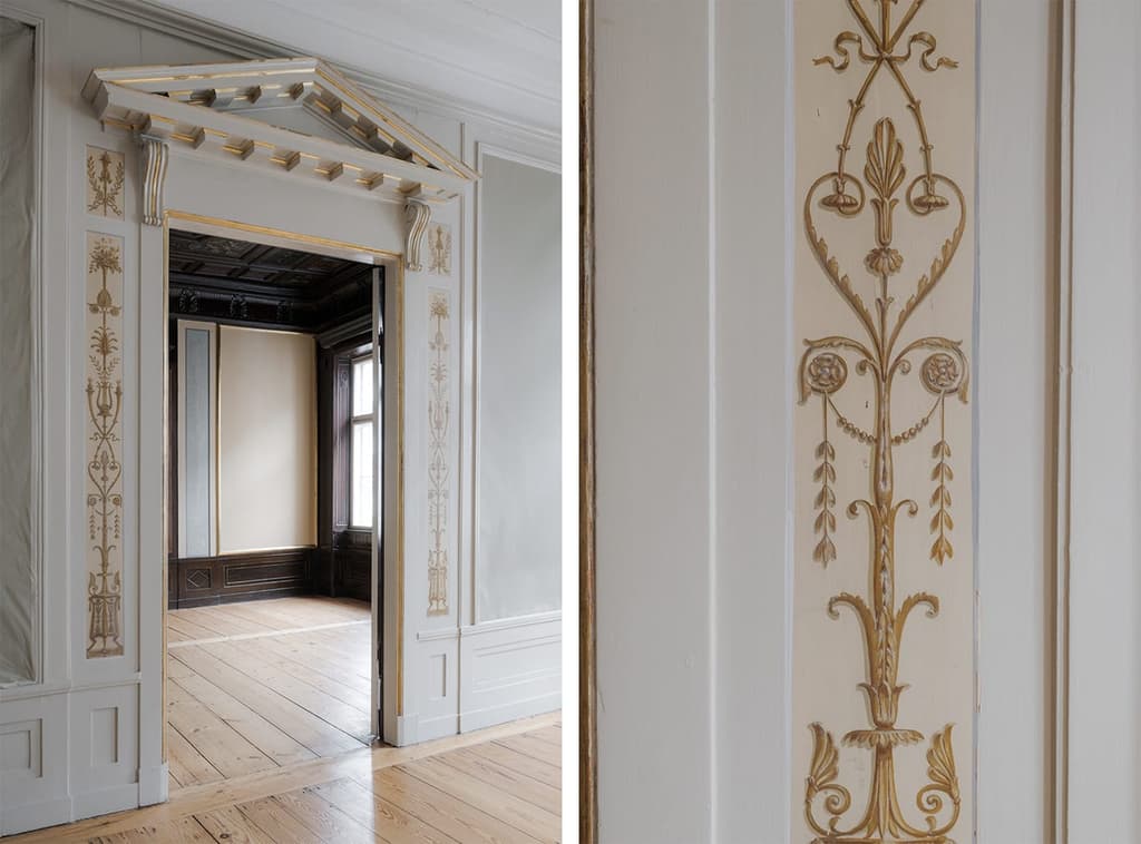 Details of the door pedestals, and gold-painted mouldings