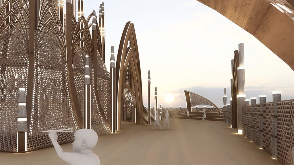 A look at the temple's 'woven' facade, which will be constructed using a mix of recycled and fresh timbers