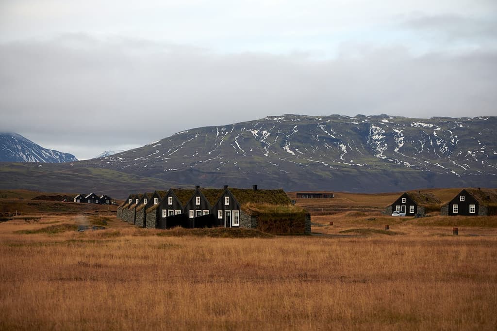 The grassy roofs of the 15 torfbæir blend them into the tawny scrub that blankets the valley. Photography: Louise Long