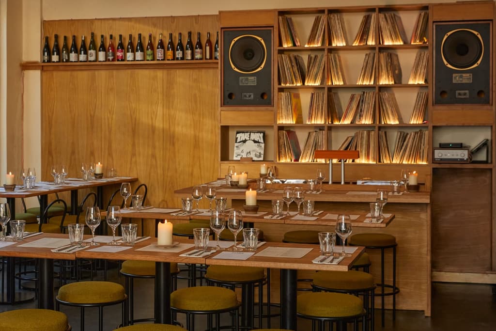 A view of the dining bar and vinyl library with built in speakers