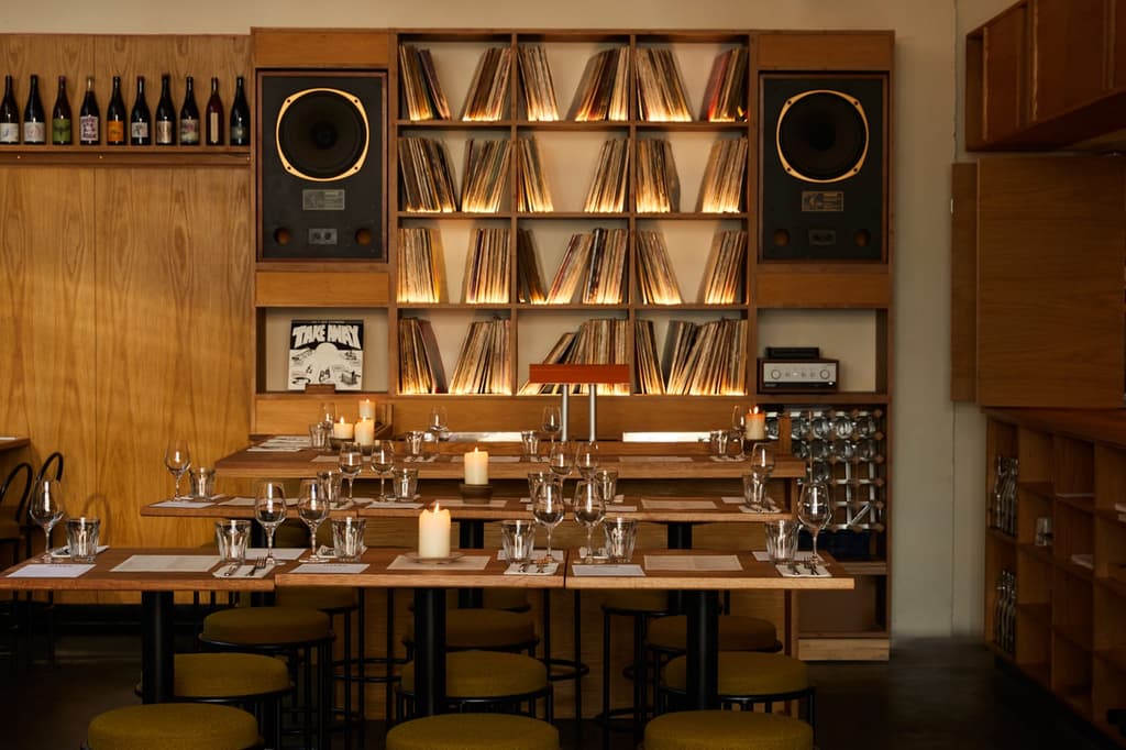 A view of the dining bar and vinyl library with built in speakers