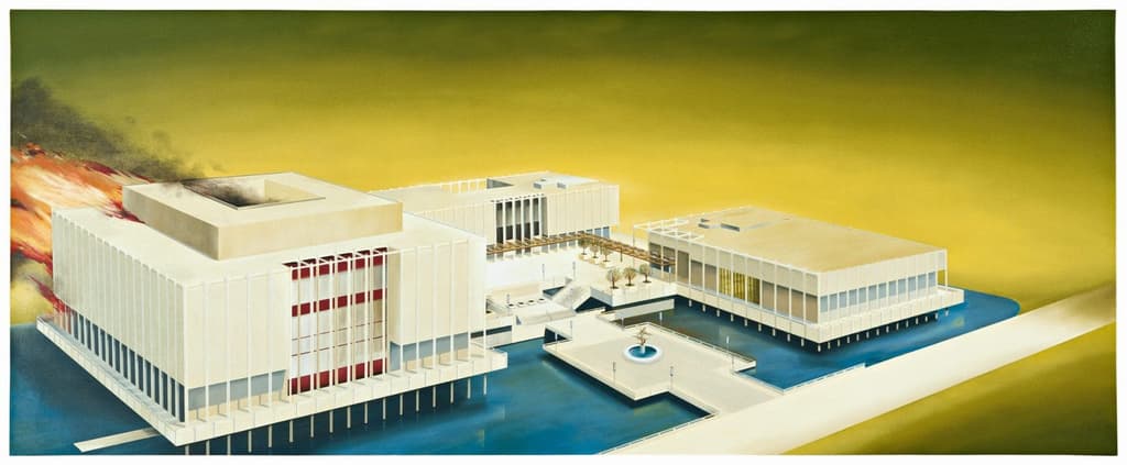 Edward Ruscha, Los Angeles County Museum of Art on Fire, 1965–68. Image courtesy Los Angeles County Museum of Art.