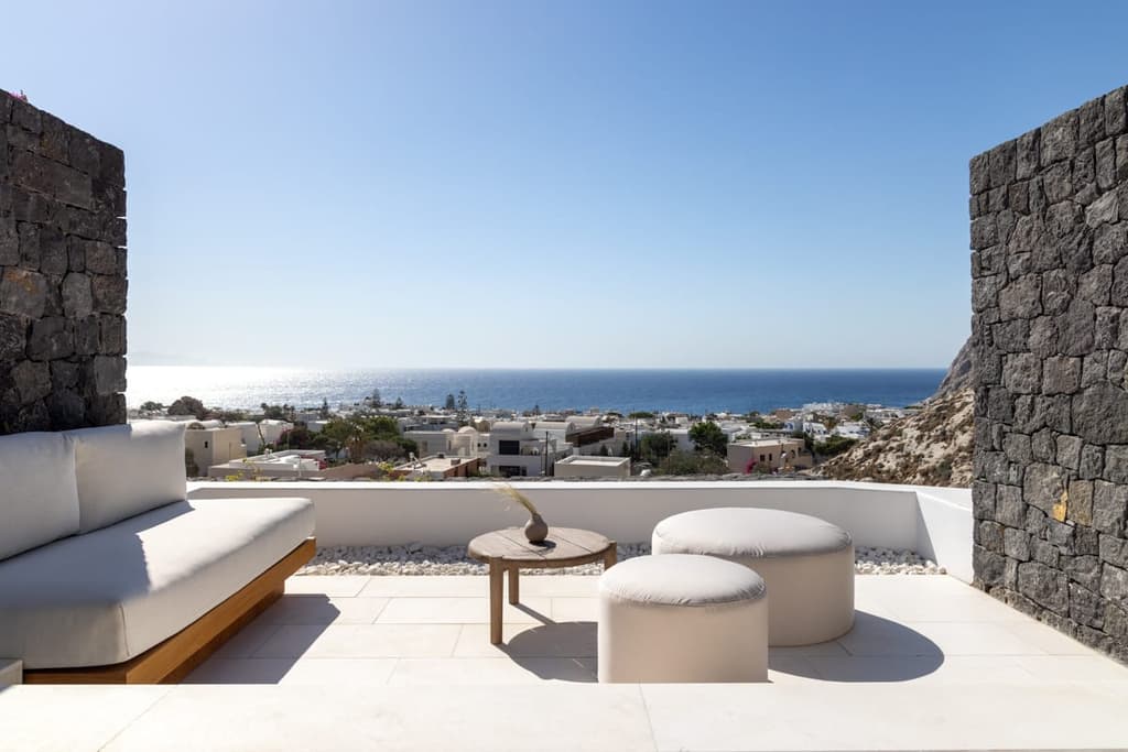Rooftop terrace with the Aegean Sea beyond