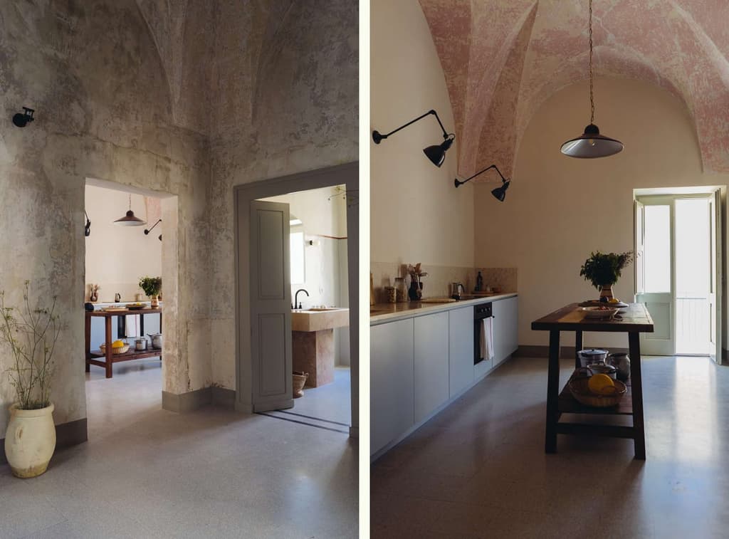 Hallway and kitchen, with vaulted ceilings