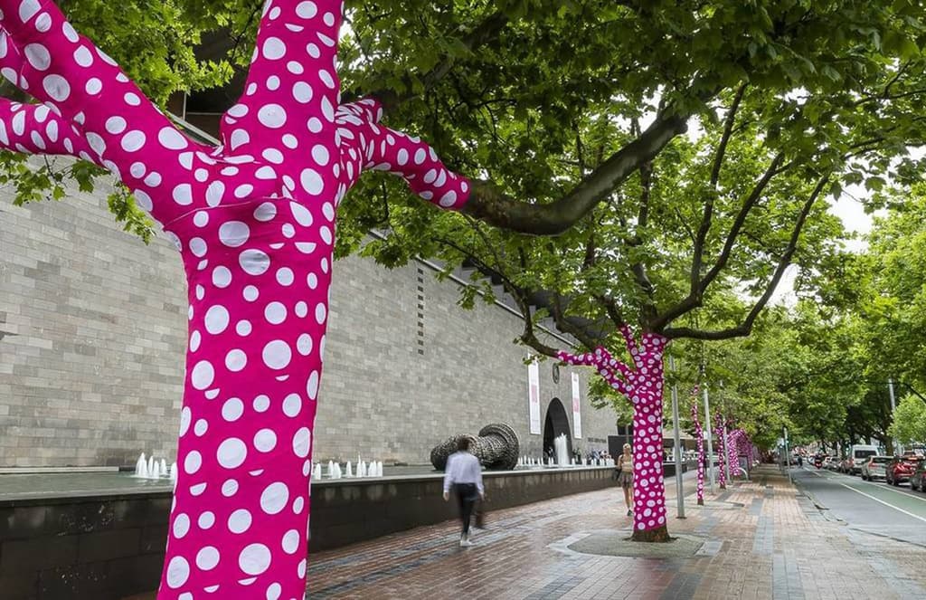 Polka dot trees announce Yayoi Kusama’s arrival in Melbourne