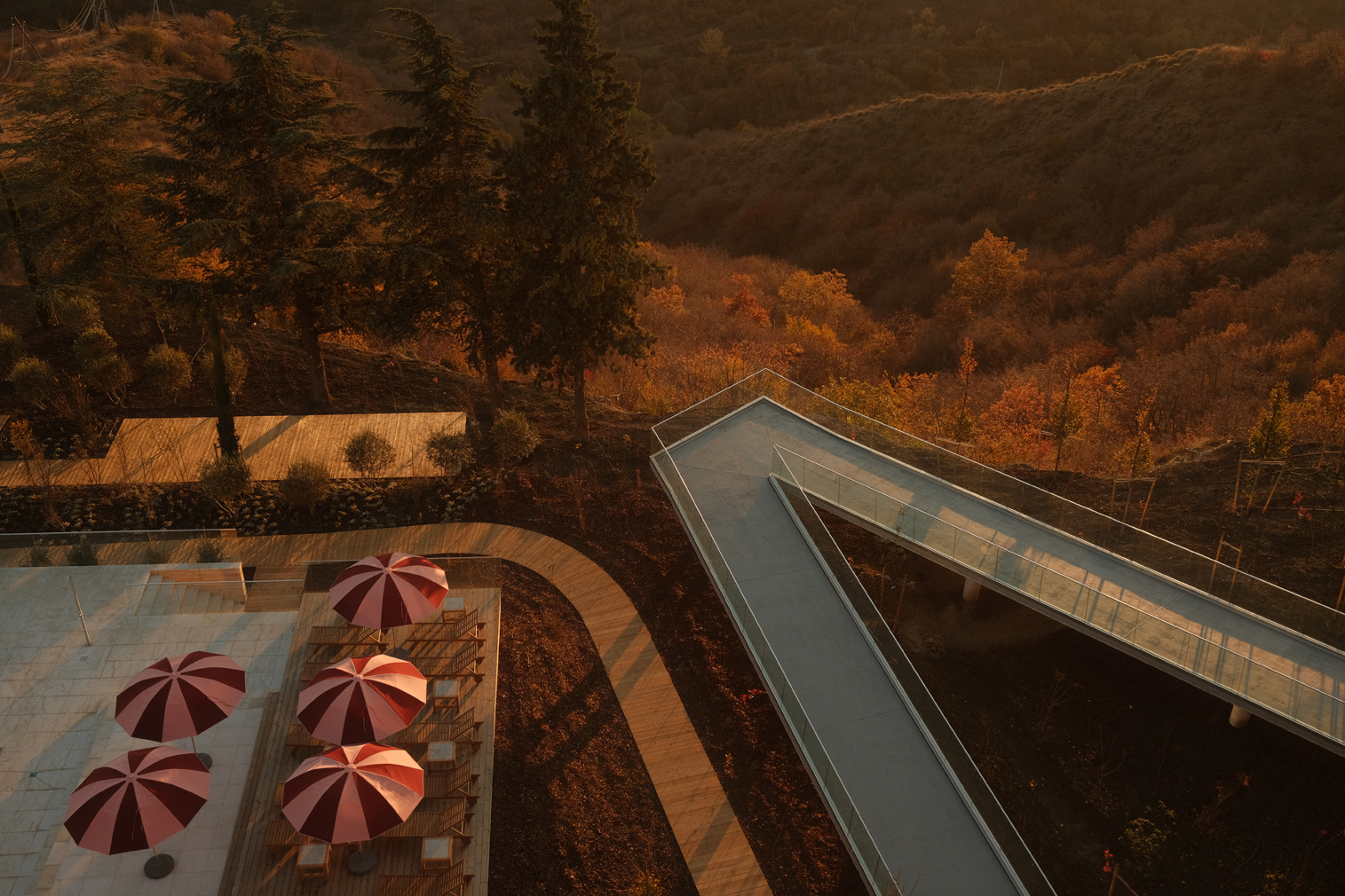 Aerial view of the walkway and parasols