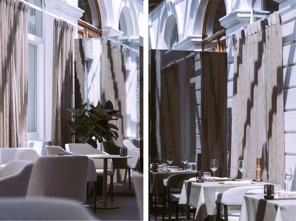 The light-filled dining room of Bruges restaurant Cult, hung with sheer curtains to create dramatic shadow-play and diffused light