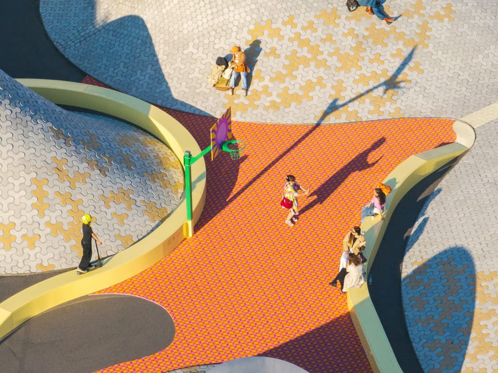 Aerial view of Yinka Ilori's colourful courtyard activation, 'Transparent Happiness'