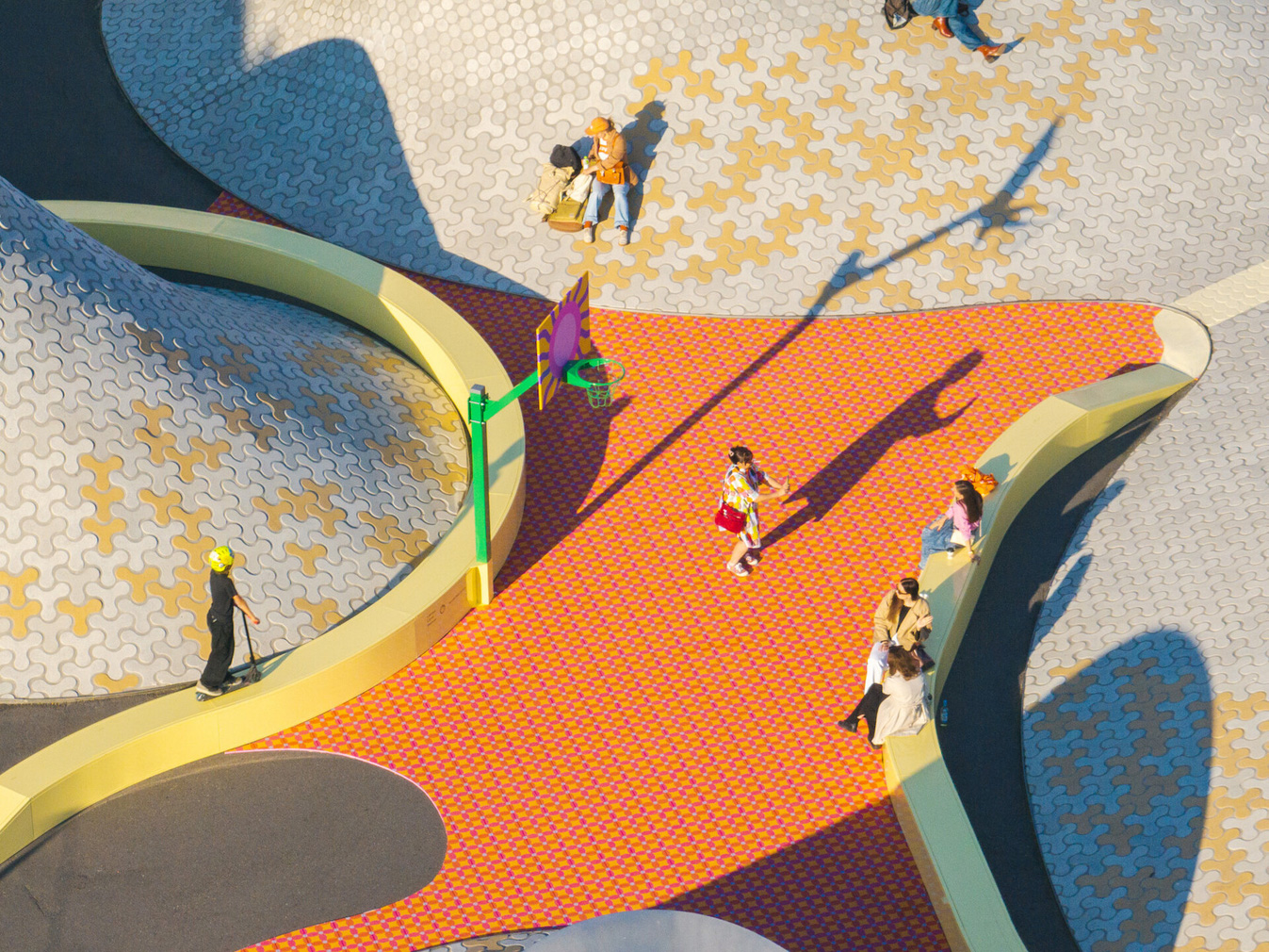 Aerial view of Yinka Ilori's colourful courtyard activation, 'Transparent Happiness'