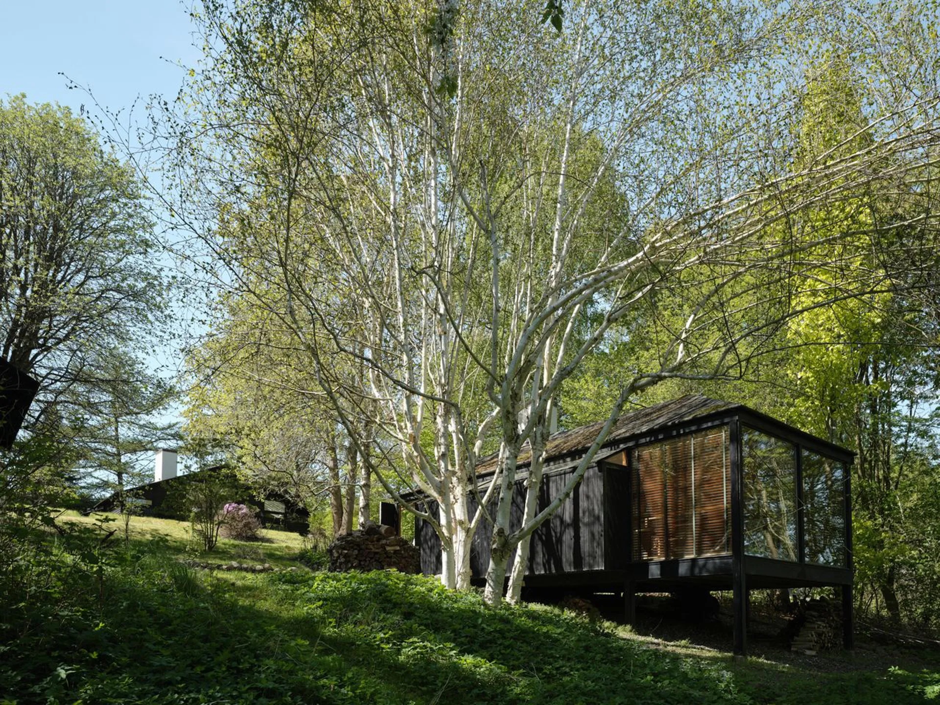 A four-building forest retreat comes up for sale on the Danish seaside